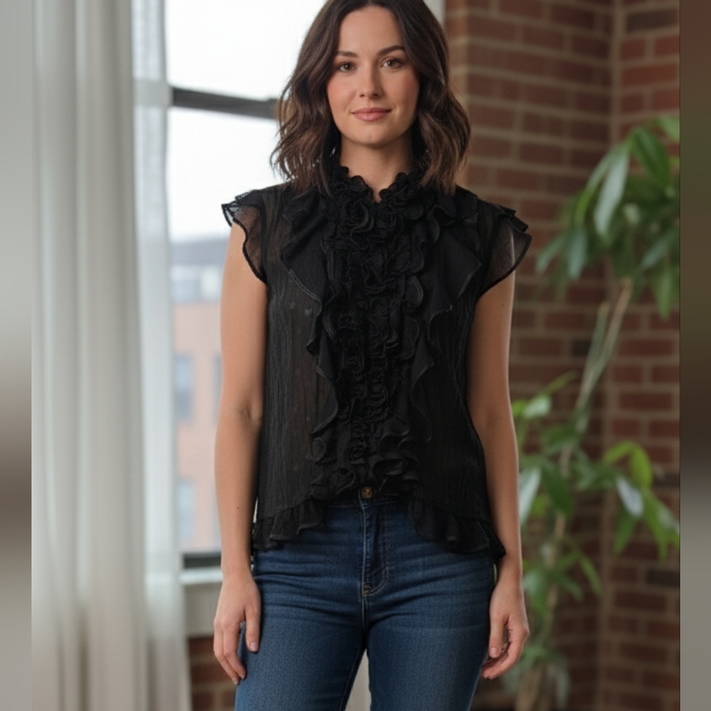 Chic Black Sheer Women's Frilly Blouse